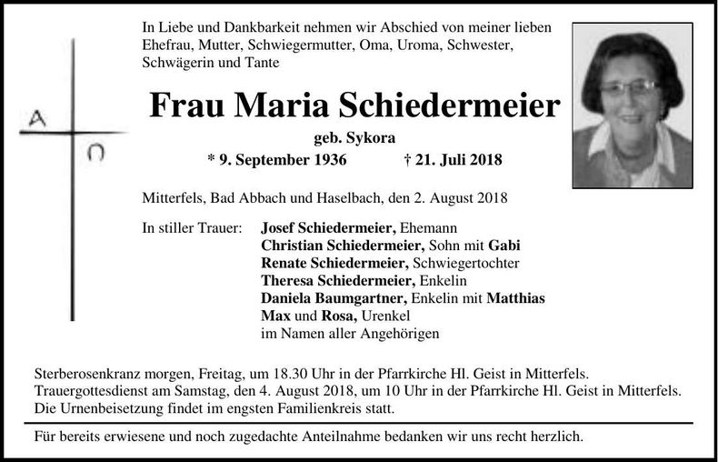 Traueranzeige Maria Schiedermeier