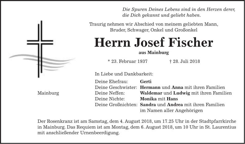 Traueranzeige Josef Fischer