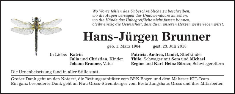 Traueranzeige Hans-Jürgen Brunner