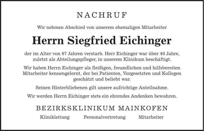 Traueranzeige Siegfried Eichinger