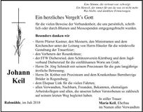 Traueranzeige Johann Keil