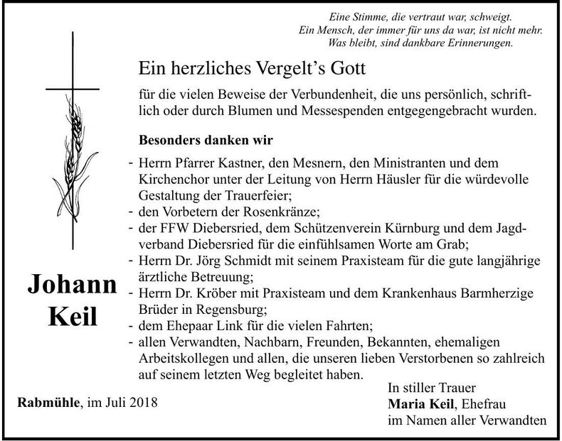 Traueranzeige Johann Keil