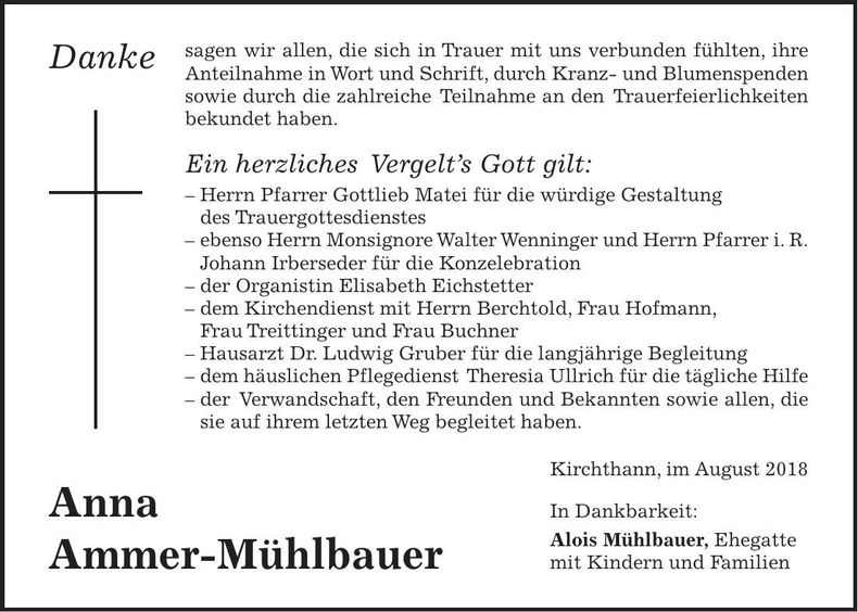 Traueranzeige Anna Ammer-Mühlbauer