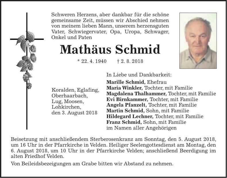 Traueranzeige Mathäus Schmid