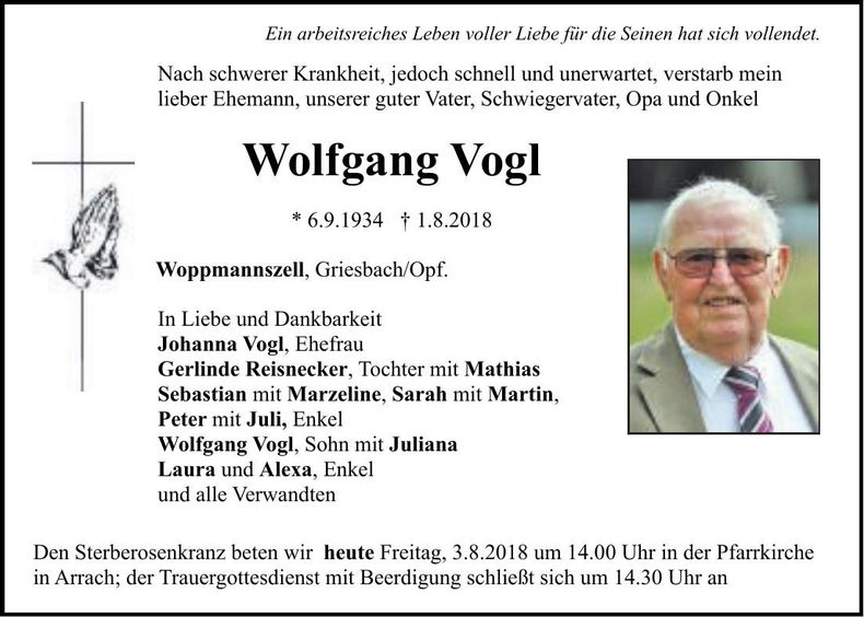 Traueranzeige Wolfgang Vogl