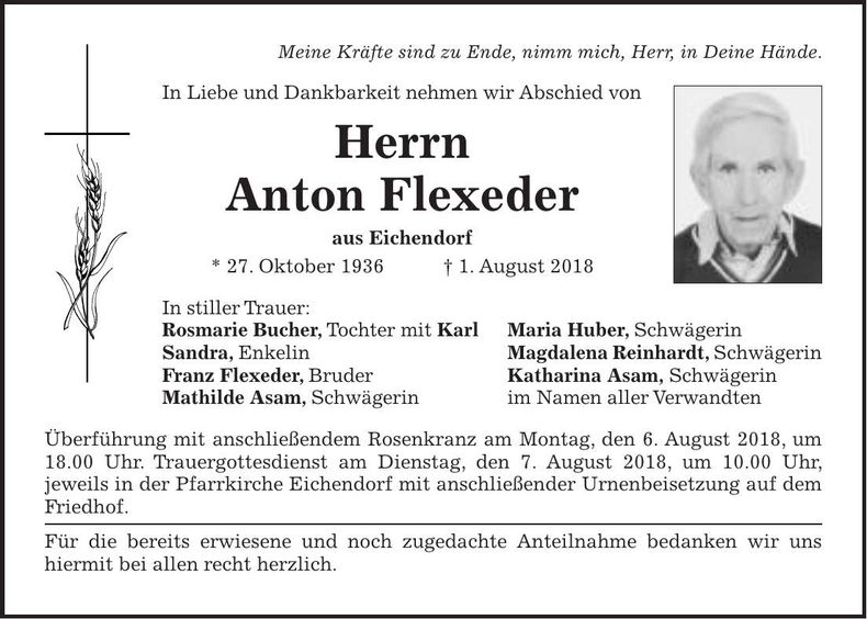 Traueranzeige Anton Flexeder