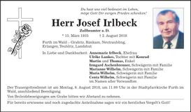 Traueranzeige Josef Irlbeck