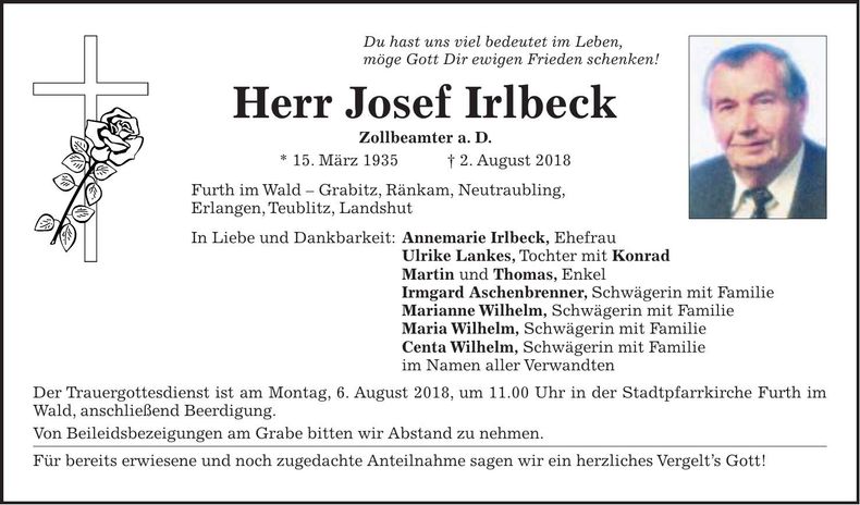 Traueranzeige Josef Irlbeck