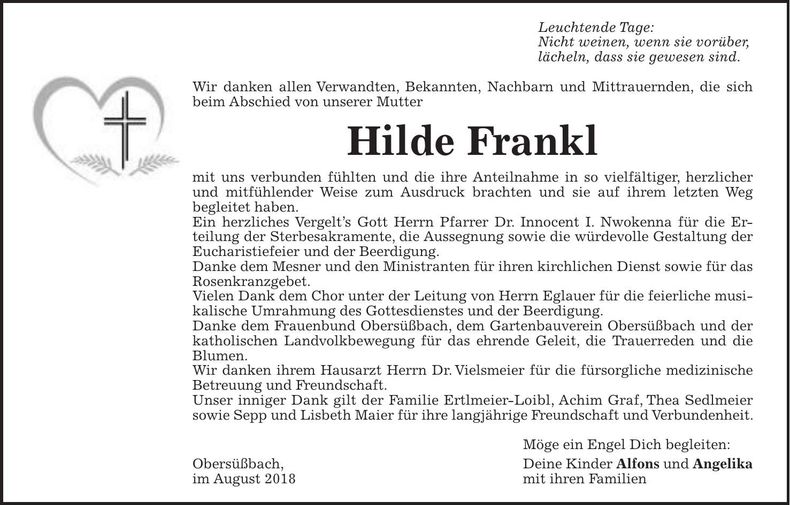 Traueranzeige Hilde Frankl