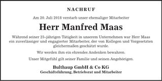 Traueranzeige Manfred Maas