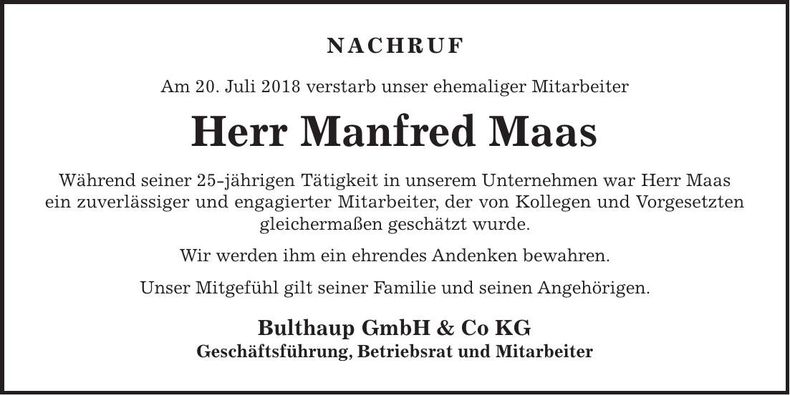 Traueranzeige Manfred Maas