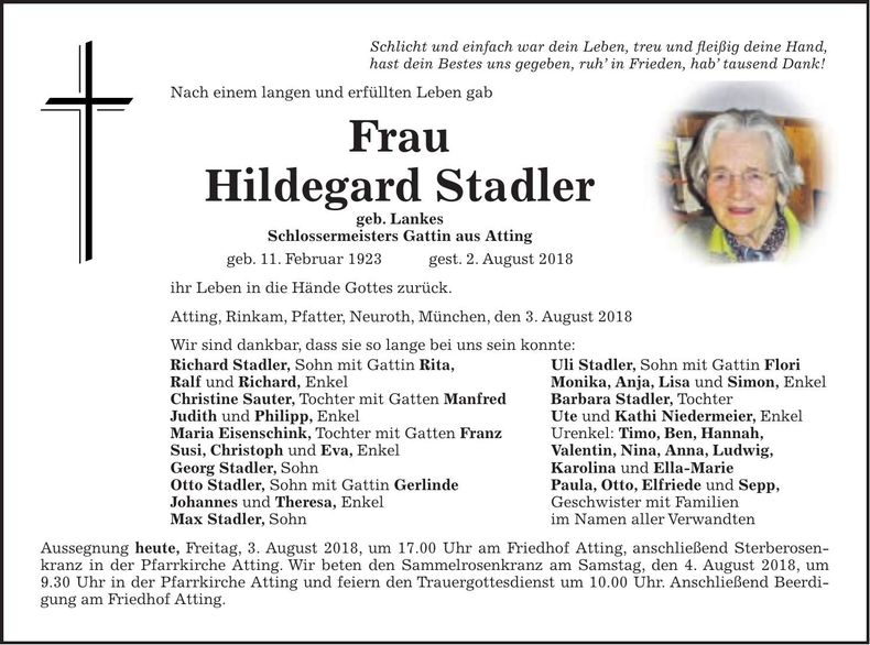 Traueranzeige Hildegard Stadler