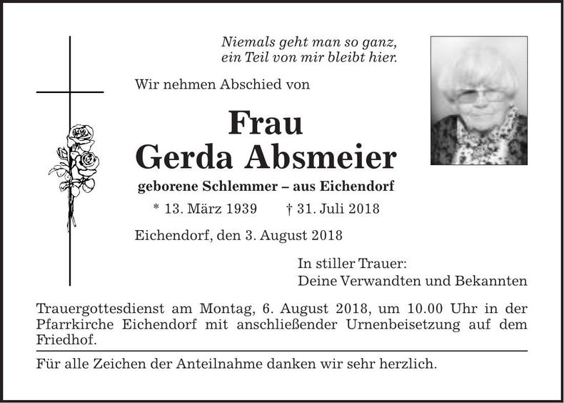 Traueranzeige Gerda Absmeier