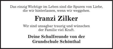 Traueranzeige Franziska Zilker