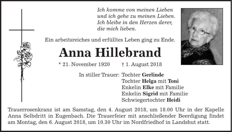 Traueranzeige Anna Hillebrand