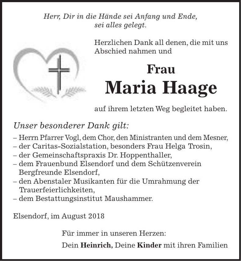 Traueranzeige Maria Haage
