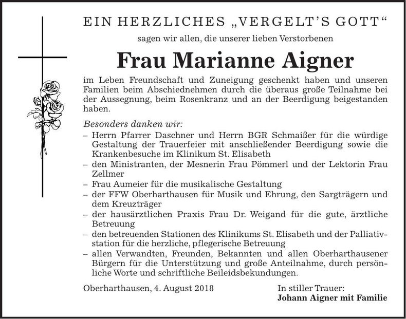 Traueranzeige Marianne Aigner
