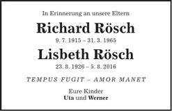 Traueranzeige Richard und Lisbeth Rösch