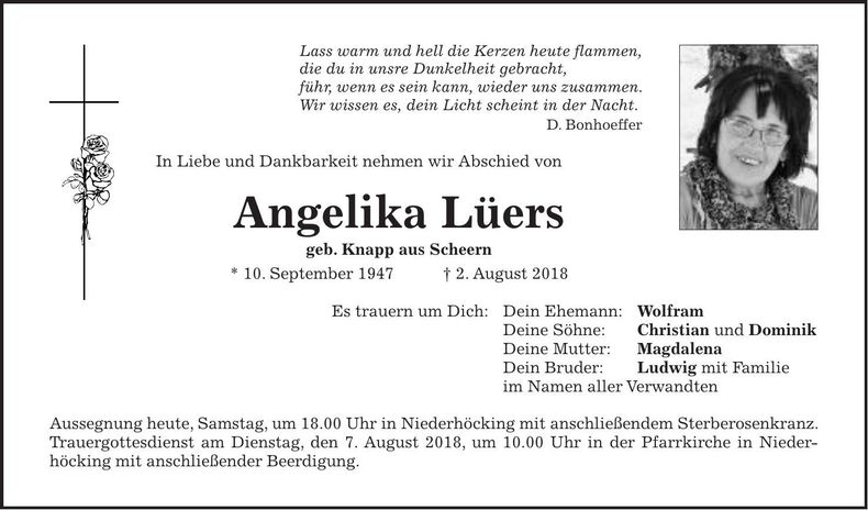 Traueranzeige Angelika Lüers