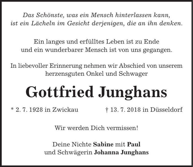 Traueranzeige Gottfried Junghans