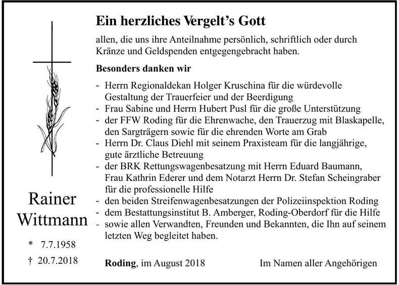 Traueranzeige Rainer Wittmann