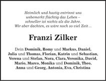 Traueranzeige Franziska Zilker