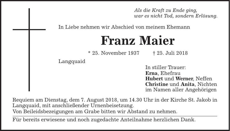 Traueranzeige Franz Maier