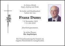 Traueranzeige Franz Dums