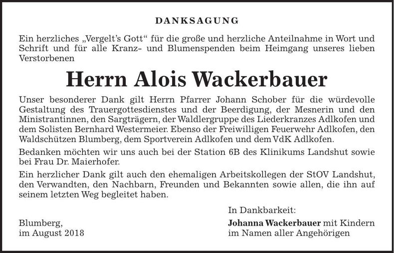 Traueranzeige Alois Wackerbauer