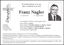 Traueranzeige Franz Nagler