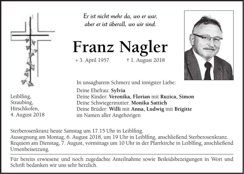 Traueranzeige Franz Nagler