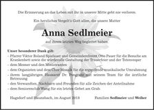 Traueranzeige Anna Sedlmeier