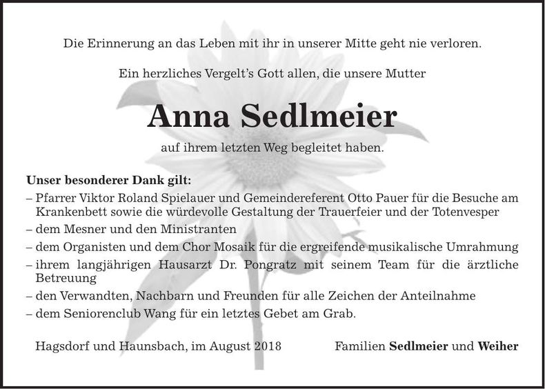 Traueranzeige Anna Sedlmeier