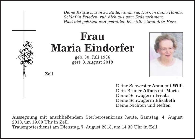 Traueranzeige Maria Eindorfer