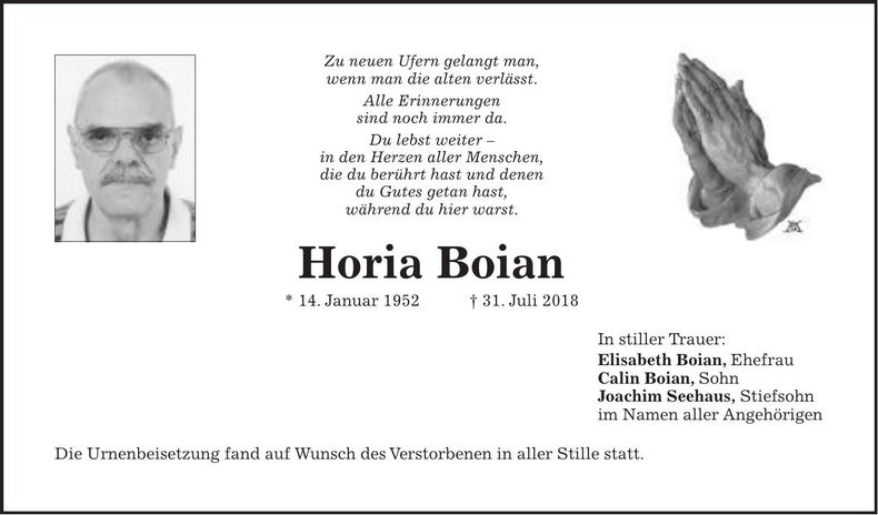 Traueranzeige Horia Boian