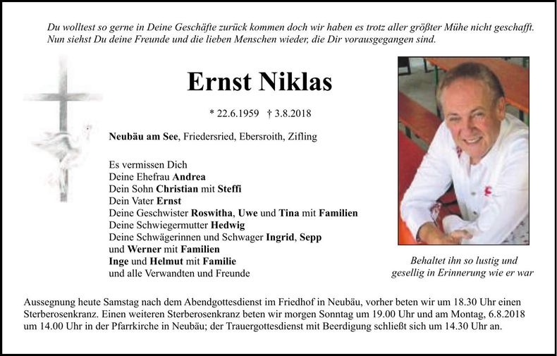 Traueranzeige Ernst Niklas