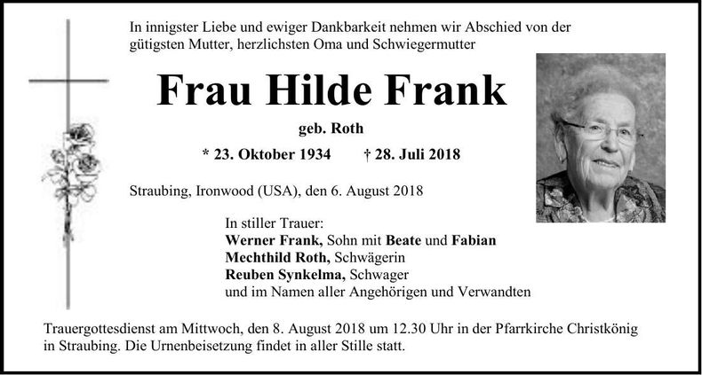 Traueranzeige Hilde Frank