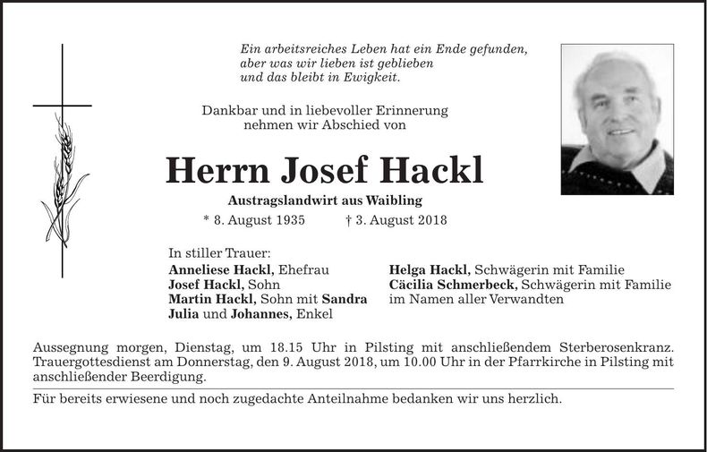 Traueranzeige Josef Hackl