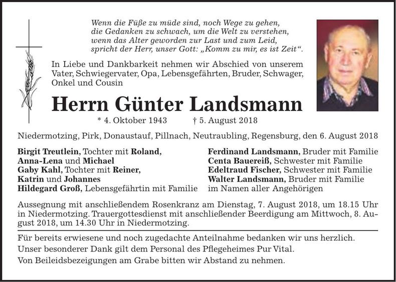 Traueranzeige Günter Landsmann