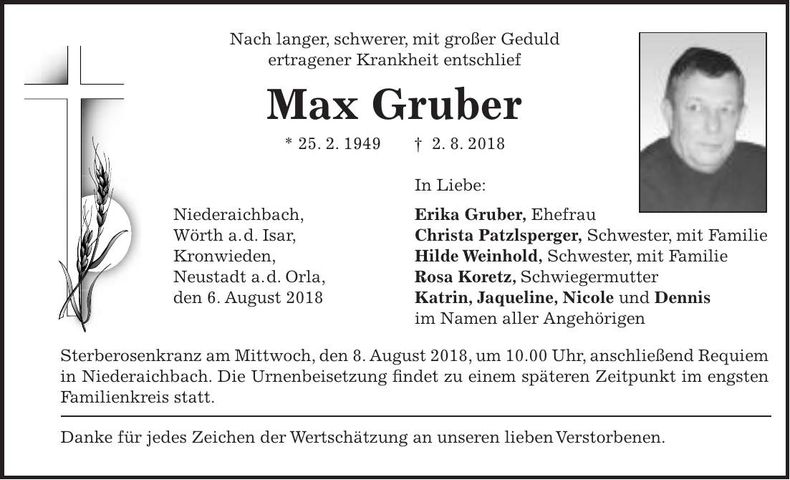 Traueranzeige Max Gruber