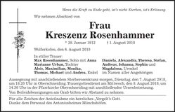 Traueranzeige Kreszenz Rosenhammer