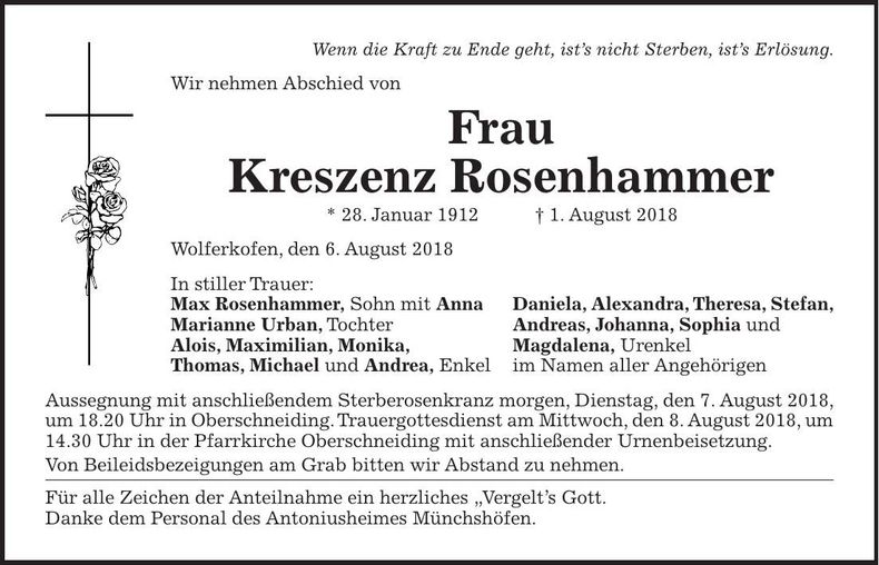 Traueranzeige Kreszenz Rosenhammer