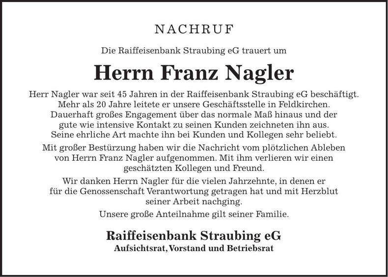 Traueranzeige Franz Nagler