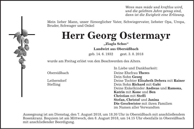 Traueranzeige Georg Ostermayr