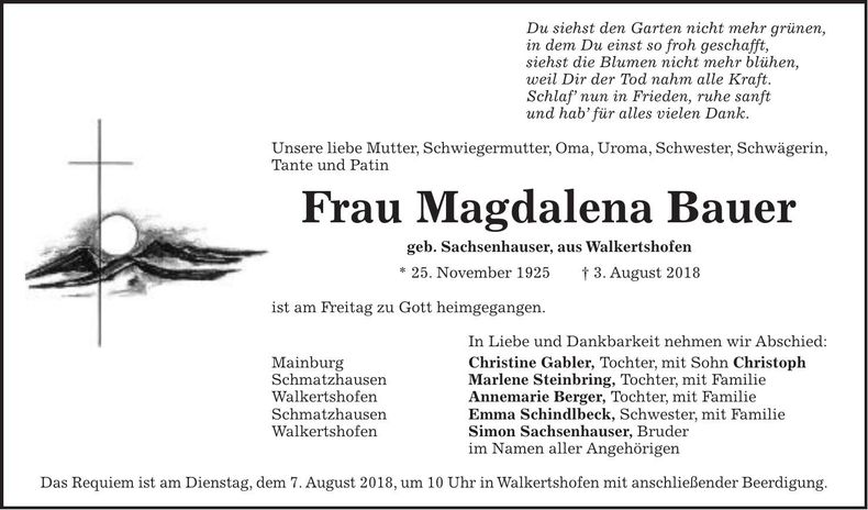 Traueranzeige Magdalena Bauer