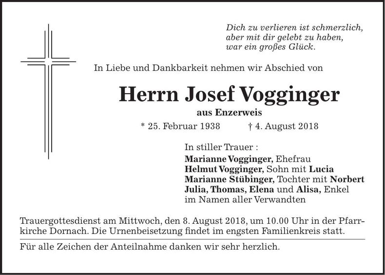 Traueranzeige Josef Vogginger