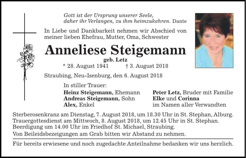 Traueranzeige Anneliese Steigemann