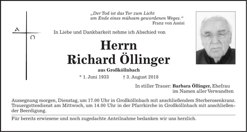 Traueranzeige Richard Öllinger