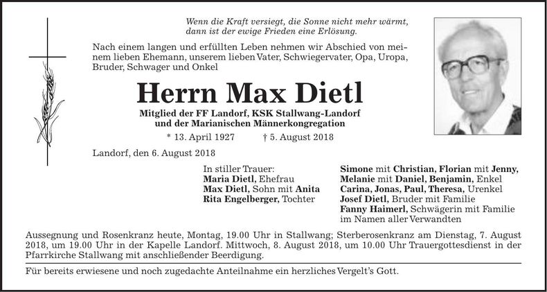 Traueranzeige Max Dietl