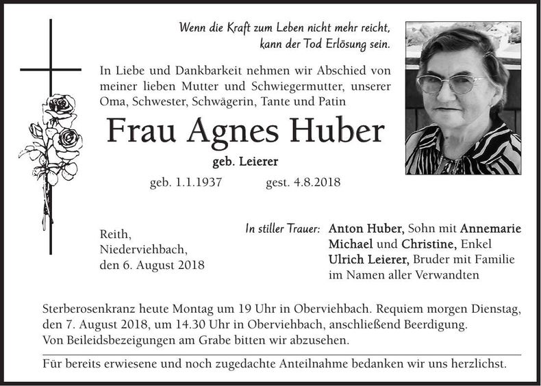 Traueranzeige Agnes Huber